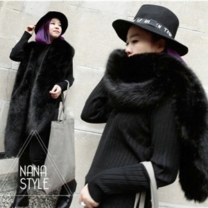 Fashion European Style Luxury Fox Fur Scarf Large Faux Fox Fur Collar Women Fur Muffler Shawls - Black