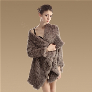 Fashion Natural Rabbit Fur Jacket Women Knitted Irregular Winter Warm Fur Coats - Khaki