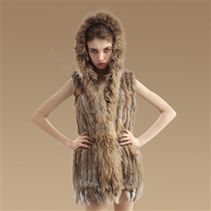 Fashion Real Rabbit Fur Vests Winter kint Women's Raccoon Fur Hooded Gilet - Natural Yellow