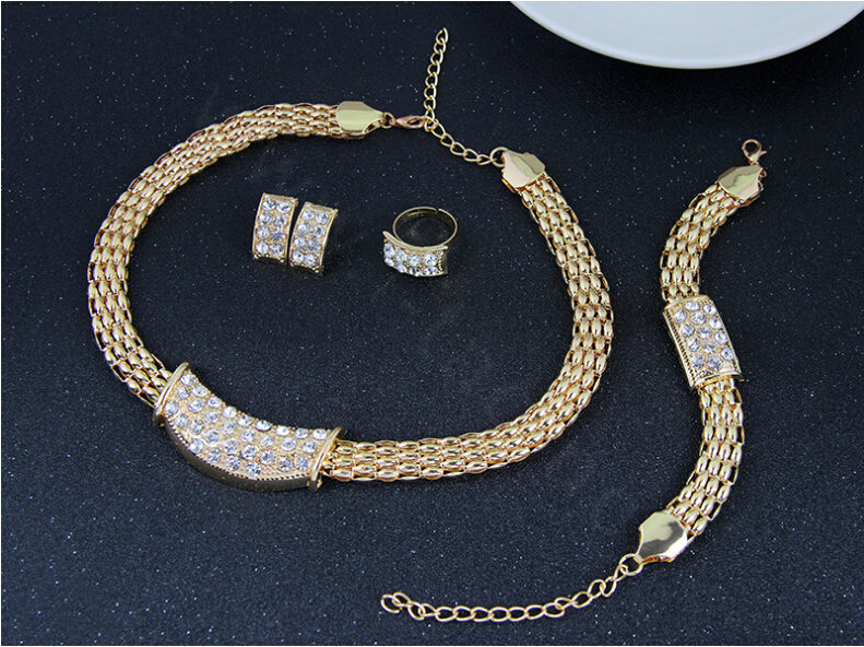 Fashion Squre Crystal Gold Plated Bridal Wedding Jewelry Sets Necklace Earrings Bracelet Ring 4pcs/set