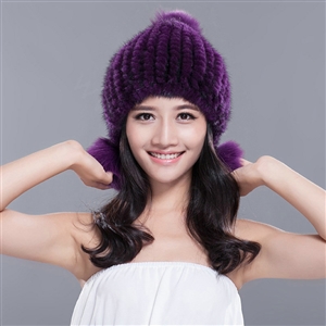 Fashion Winter Real Mink Fur Hat With Fox Fur Pom Poms Women Knitted Ear Protector Caps - Violet