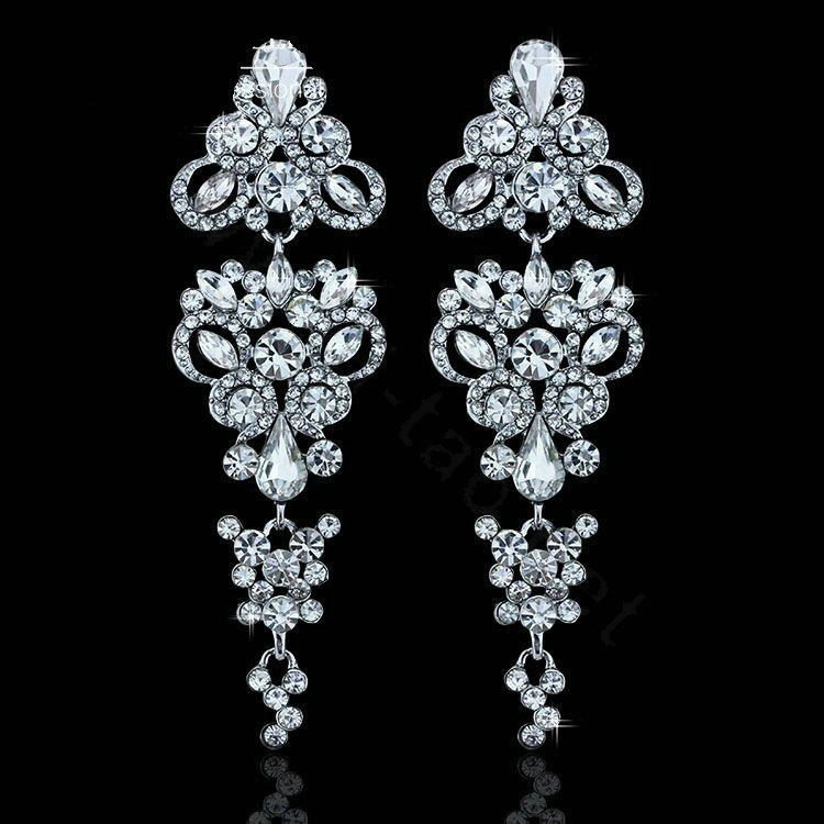 Gorgeous Chandelier Shape Crystal White Gold Plated Long Earrings Wedding Jewelry Earrings for Women