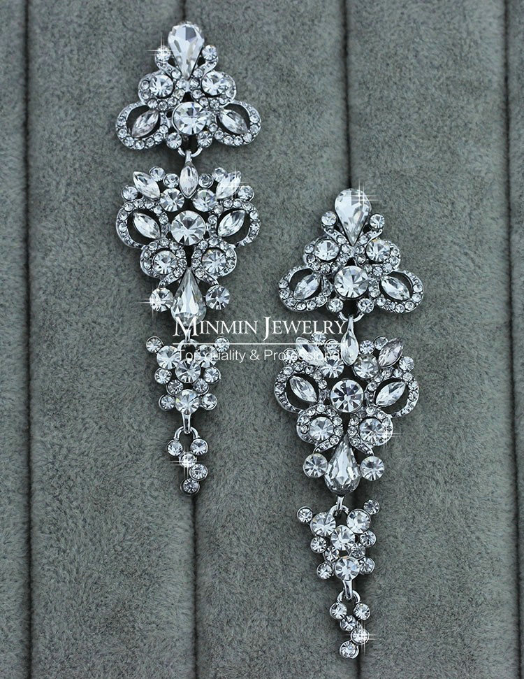 Gorgeous Chandelier Shape Crystal White Gold Plated Long Earrings Wedding Jewelry Earrings for Women