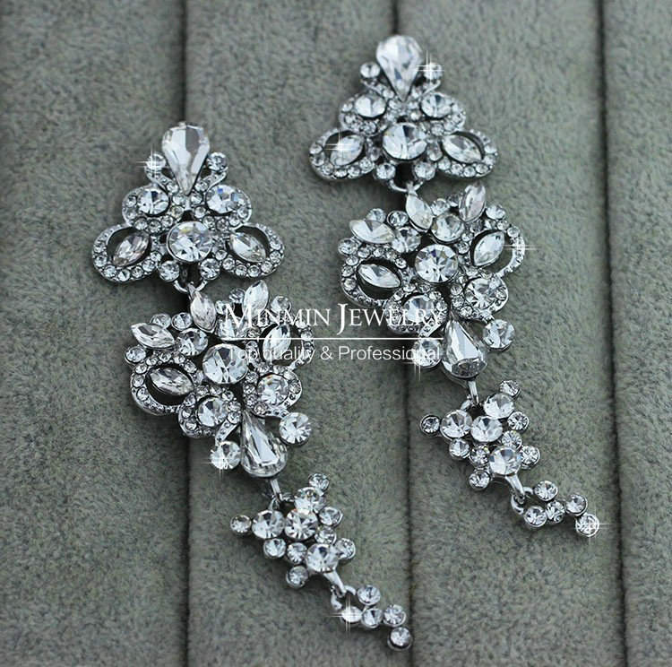 Gorgeous Chandelier Shape Crystal White Gold Plated Long Earrings Wedding Jewelry Earrings for Women