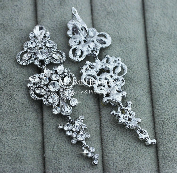Gorgeous Chandelier Shape Crystal White Gold Plated Long Earrings Wedding Jewelry Earrings for Women