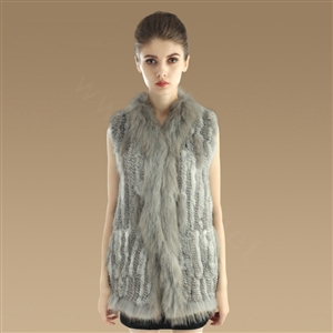 Gorgeous Genuine Knitted Rabbit Fur Vest With Raccoon Fur Collar Women Long Fur Gilet - Grey