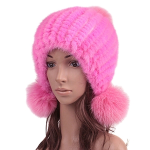 High Quality Real Mink Fur Hat With Fox Fur Balls Women Winter Knitted Beanies Dome Caps - Pink