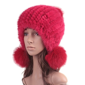 High Quality Real Mink Fur Hat With Fox Fur Balls Women Winter Knitted Beanies Dome Caps - Pure Red