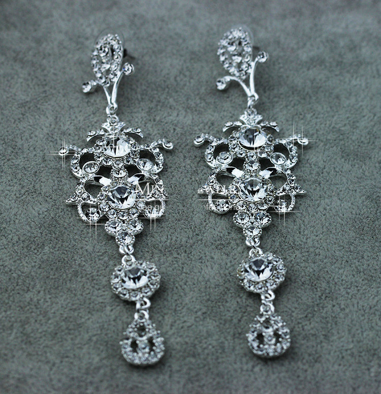 Luxurious Chandelier Crystal Bridal Earrings Silver Floral Long Drop Earrings for Women Wedding Accessories