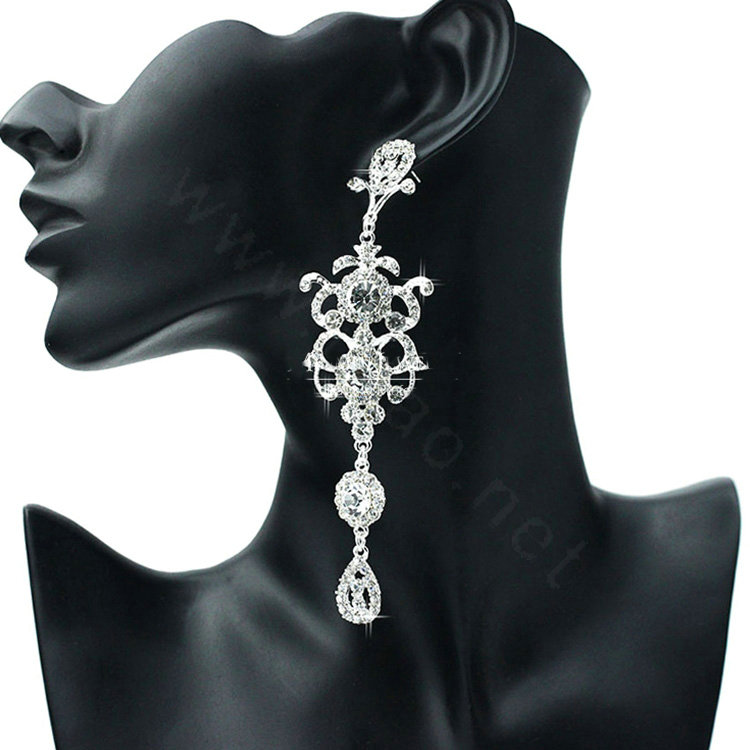 Luxurious Chandelier Crystal Bridal Earrings Silver Floral Long Drop Earrings for Women Wedding Accessories