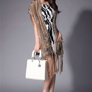 Luxurious Fashion Knitted Real Rabbit Fur Shawl Womens Tassels Pocket Long Fur Scarves Wrap - Natural Yellow