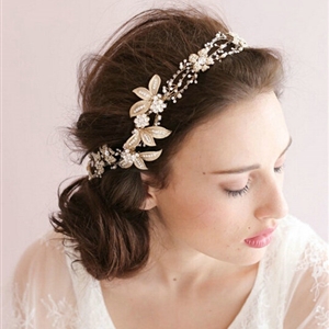 Luxurious Gold Leaf Crystal Beads Pearl Wedding Bridal Hairbands Women Hair Ribbon Accessories