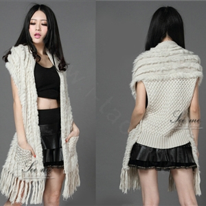 Luxurious Knitted Real Rabbit Fur Long Shawl Fashion Women's Tassels Pocket Fur Vests - Beige