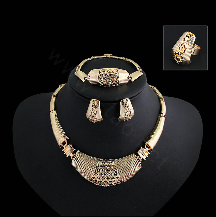 Luxury Exaggerated Wedding Party Jewelry Sets Crystal Gold Plated Bridal Necklace Earrings Bracelet Ring 4pcs/set