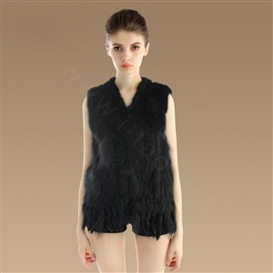 Luxury Fashion Knitted Rabbit Fur Waistcoat With Raccoon Fur Tassels Women Gliet - Black