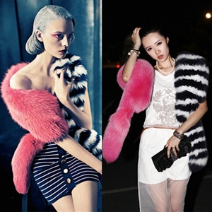 Luxury Fashion Rose Black and White Stripe Double Color Block Women Fox Fur Scarf Faux Fur Shawls Wraps