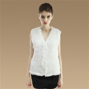 Luxury Genuine Knitting Nature Rabbit Fur Vest Fashion Women Winter Warm Fur Gilet - White