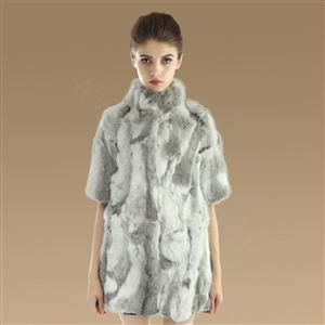 Luxury Genuine Rabbit Fur Coat Women Long Winter Warm Stand Collar Fur Outwear - Natural Grey