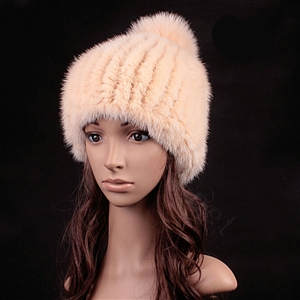 Luxury Genuine Whole Mink Fur Hats With Fox Fur Ball Women Winter Knitted Beanies - Beige Yellow