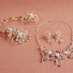 Luxury Handmade Vine Ceramic Flower Crystal Beads Pearl Bridal Wedding Necklace Jewelry Sets