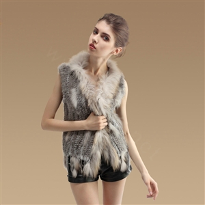Luxury Real Rabbit Fur Vest Raccoon Fur Collar Women Knitted Warm Fur Waistcoats - Natural Grey