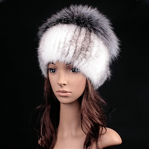 Luxury Women Winter Knitted Beanies Genuine Mink Fur Hat With Silver Fox Fur Pom Poms Top - White Grey