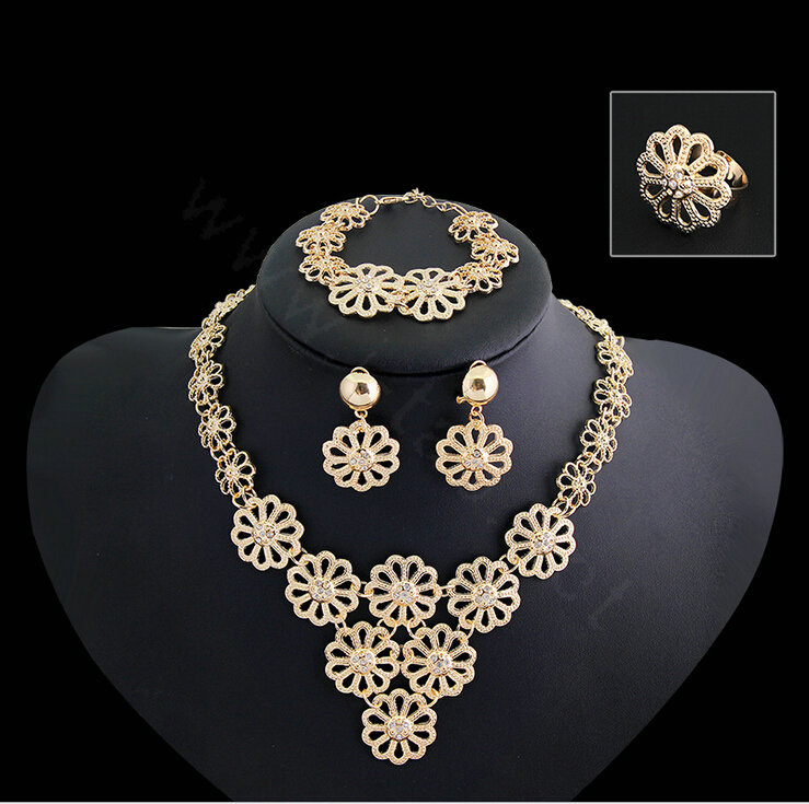 Multilayer Flower Wedding Party Jewelry Sets Crystal Gold Plated Bridal Necklace Earrings Bracelet Ring 4pcs/set