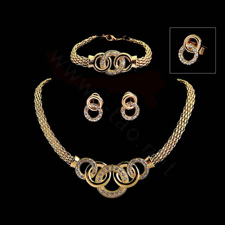 New 18K Gold Plated Party Wedding Bridal Jewelry Set Round Statement Necklace Earrings Bracelet Ring 4pcs/set