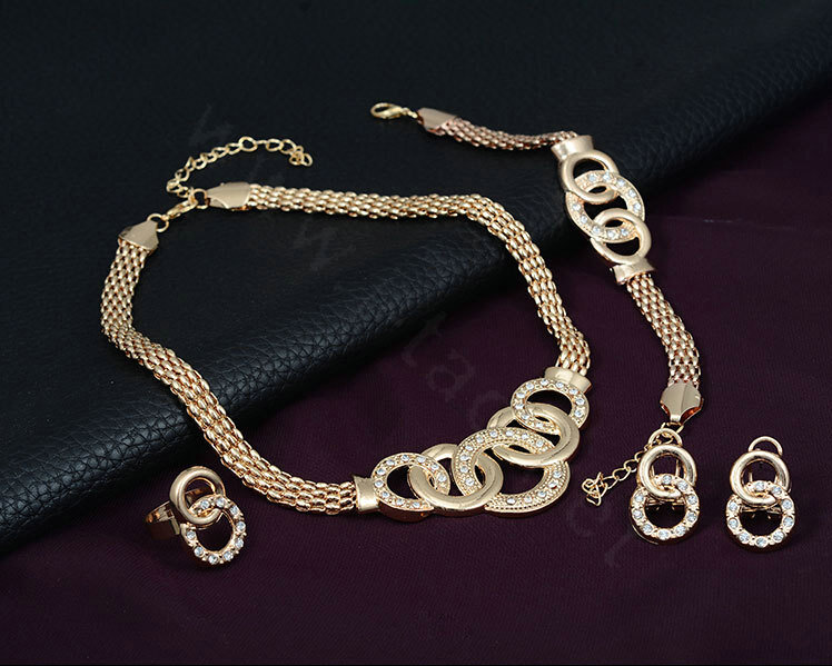 New 18K Gold Plated Party Wedding Bridal Jewelry Set Round Statement Necklace Earrings Bracelet Ring 4pcs/set