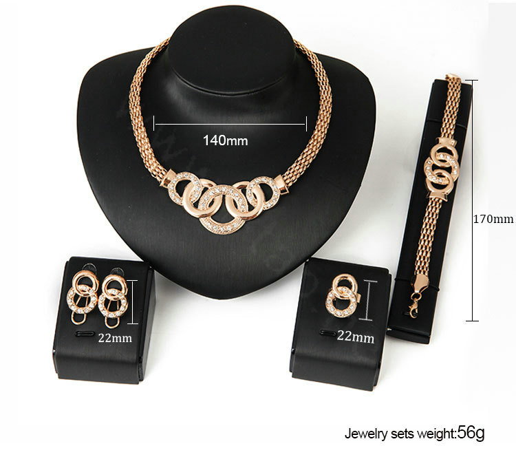 New 18K Gold Plated Party Wedding Bridal Jewelry Set Round Statement Necklace Earrings Bracelet Ring 4pcs/set