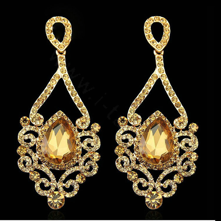 New Champagne Noble Austrian Crystal Dangle Drop Earrings for Women 14K Gold Plated Fashion Jewelry