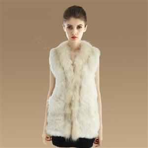 New Genuine Knitted Rabbit Fur Vest With Raccoon Fur Collar Women Long Fur Gilet - Beige