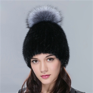 New Genuine Whole Mink Fur Hats With Silver Fox Fur Ball Women Winter Knitted Beanies Cap - Black
