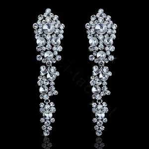 New Luxurious Glass Crystal Beads Cluster Bridal Long Drop Earrings for Women Wedding Accessories