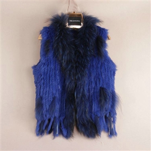 New Personality Real Rabbit Fur Vests Raccoon Fur Collar Women Knitted Fur Waistcoat - Sapphire Blue