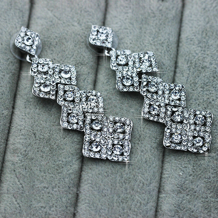 New Silver Long Bridal Earrings Elegant Geometry Austrian Crystal Earrings for Women Wedding Jewelry