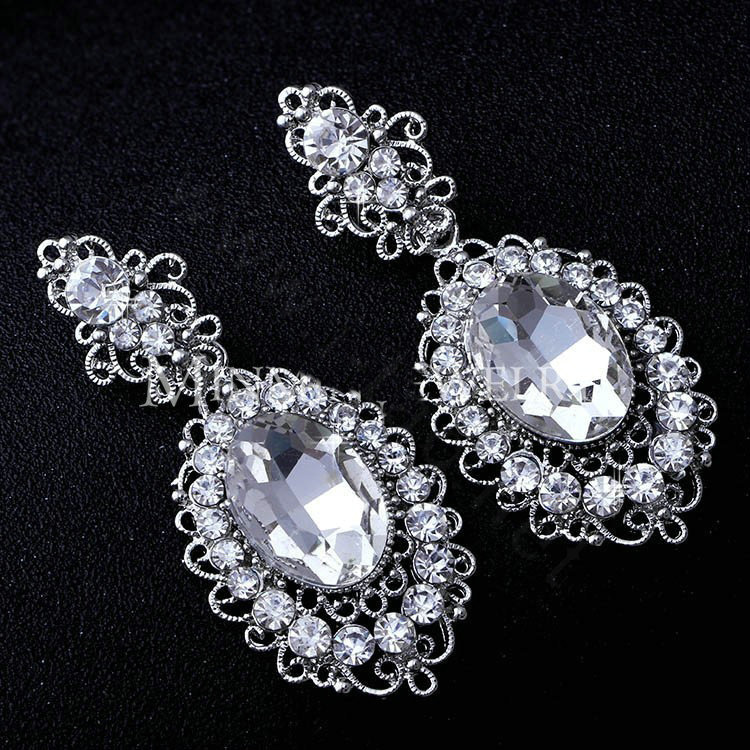 New Vintage Big Stone Crystal Flower Silver Plated Bridal Wedding Drop Earrings For Women
