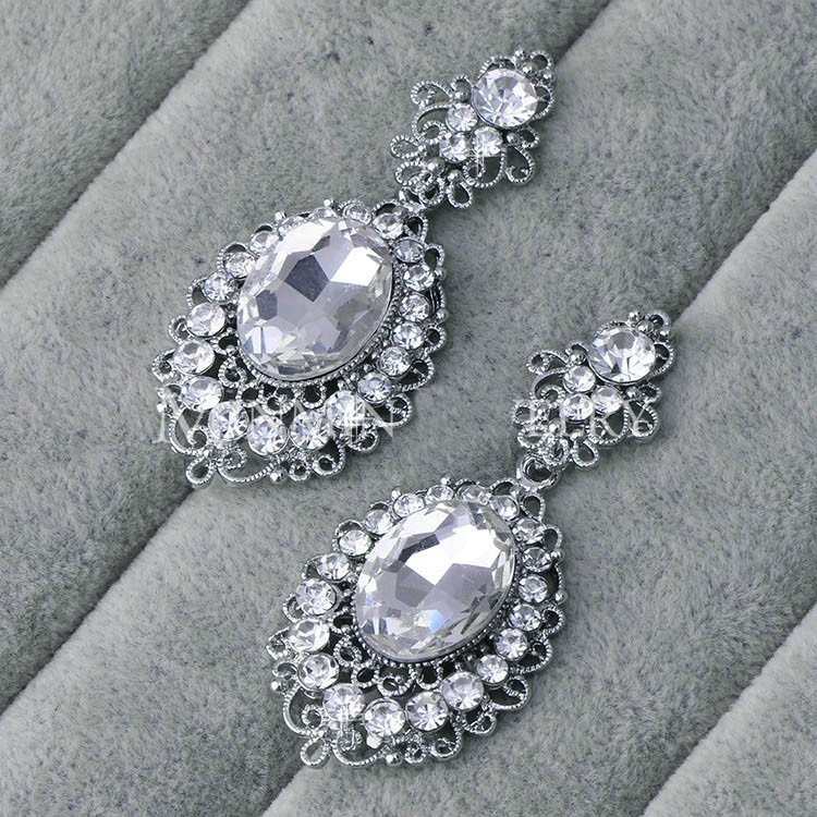 New Vintage Big Stone Crystal Flower Silver Plated Bridal Wedding Drop Earrings For Women