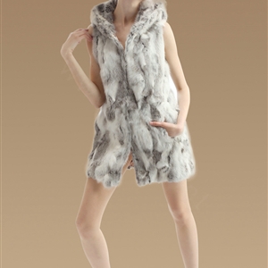 New Women Genuine Rabbit Fur Vest With Hooded Natural Rabbit Fur Waistcoats - Nature Grey