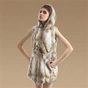 New Women Genuine Rabbit Fur Vest With Hooded Natural Rabbit Fur Waistcoats - Nature Yellow