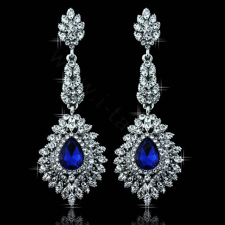 Noble Design Top Quality Teardrop Blue Crystal White Gold Plated Long Drop Earrings jewelry for Women