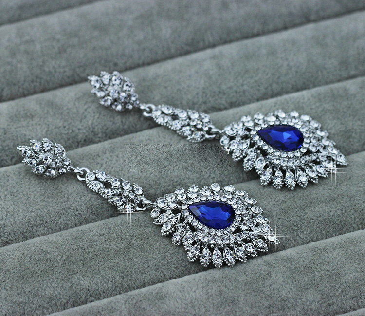 Noble Design Top Quality Teardrop Blue Crystal White Gold Plated Long Drop Earrings jewelry for Women
