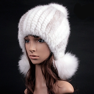 Noble Winter Genuine Cross Mink Fur Caps With Fox Fur Pom Poms Women Knitted Bomber Hat - White