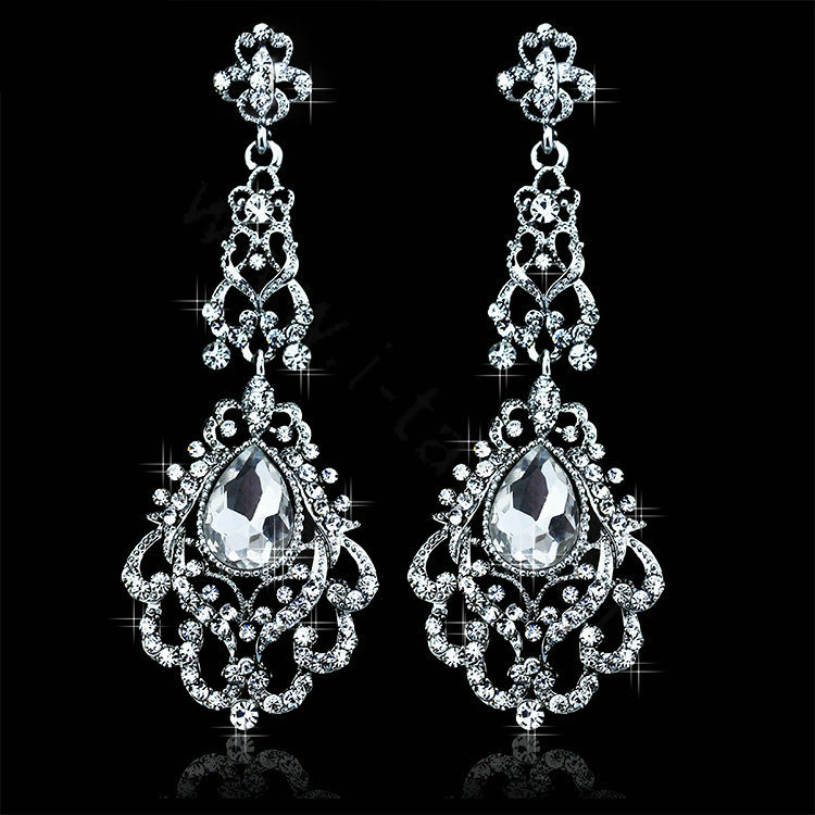Original Design Chandelier Austrian Crystal Bridal Earrings White K Plated Long Earrings for Women