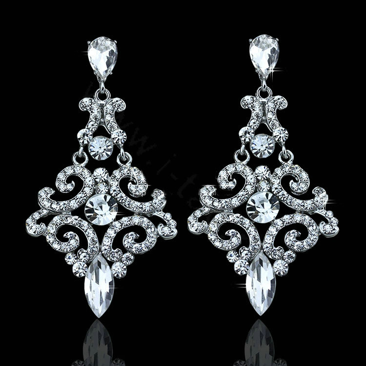 Pretty Geometic Czech Rhinestone Crystal White Gold Plated Earrings for Women Wedding Jewelry Bridal Earrings