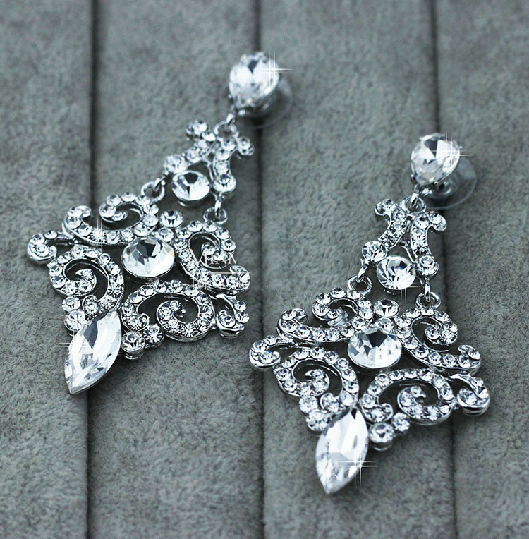 Pretty Geometic Czech Rhinestone Crystal White Gold Plated Earrings for Women Wedding Jewelry Bridal Earrings
