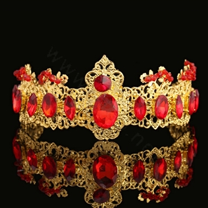 Retro Red Rhinestone Baroque Crown Headbands Bridal Luxury Gold Tiara Brides Hair Jewelry Accessory