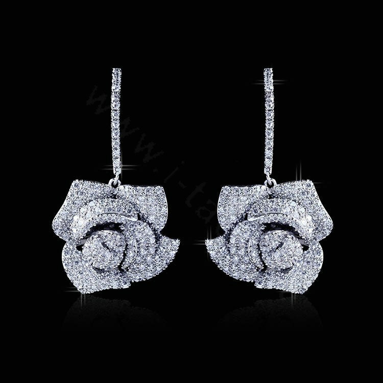 Super Exquisite Rose Bridal Brinco Jewelry Gold Plated Wedding Top Cubic Zirconia Drop Earrings for Women
