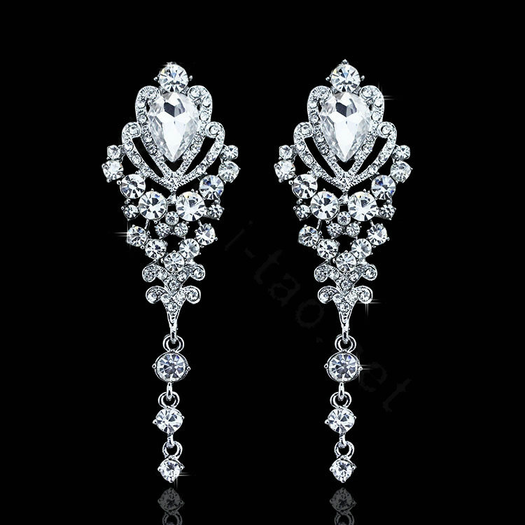 Top Quality Luxurious Trendy Waterdrop Crystal Bridal Earrings White K Plated Long Earrings for Women