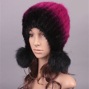 Unique Real Mink Fur Hat With Fox Fur Balls Women Winter Knitted Beanies Dome Caps - Black Rose